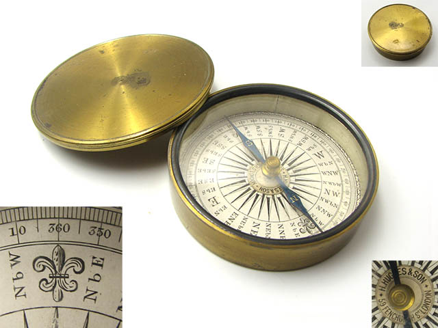 Antique 19th century brass cased pocket compass by Henry Hughes & Son.